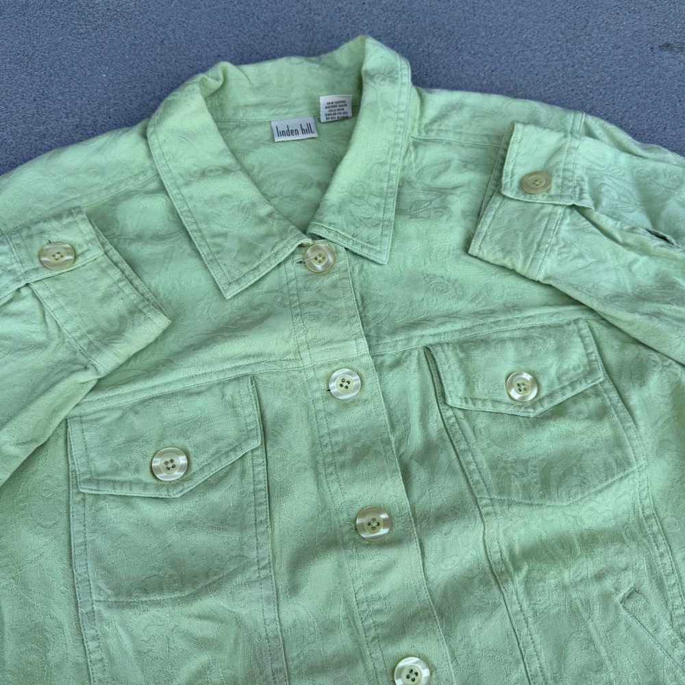 Linden Hill Women XXL Green Floral Jacquard Cotton Button Front Trucker Jacket